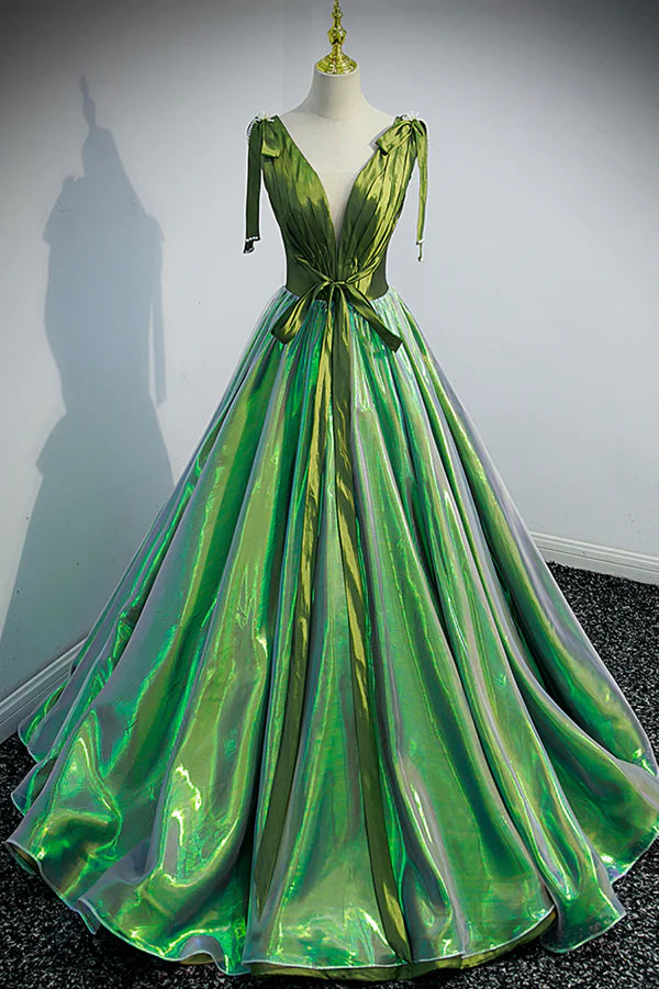 Wholesale Green V-Neck Long A-Line Prom Dress Simple Green Evening Party Dress
